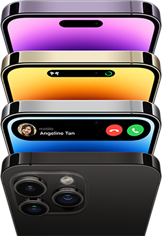 iPhone 14 Pro in four different colours — Space Black, Blue, Gold and Deep Purple. One model shows the back of the phone and the other three show the front view of the display.