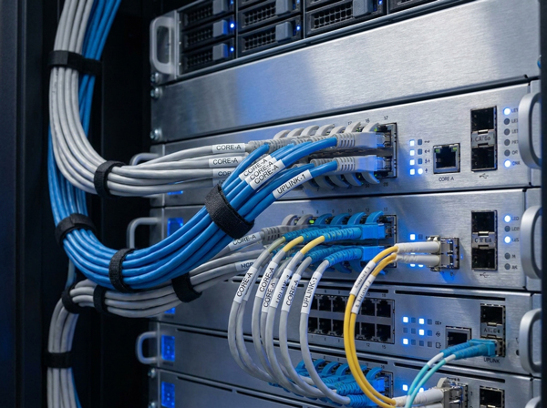 High-end server rack with meticulously organized blue and grey ethernet cables in a temperature-controlled data center. Subtle blue LED status lights indicate active systems, embodying technical reliability and institutional stability.