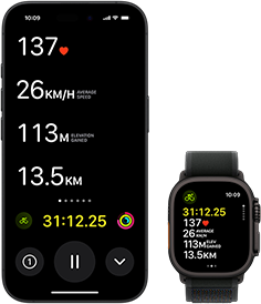 Live Activity showing a person's biking metrics on both their Ultra 2 and their iPhone