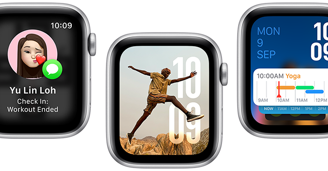 Translate app, Check in app, Photos face, Modular watch face, and Vitals app, on five Apple Watch SE devices