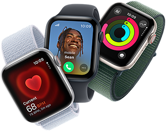 Heart rate monitoring, incoming call, and activity rings on three Apple Watch devices