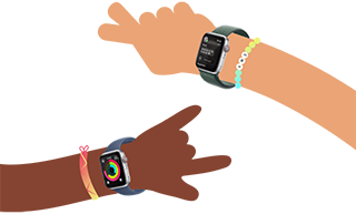 Activity rings on Apple Watch SE, worn on a cartoon child's arm. Messages app on Apple Watch SE, worn on a cartoon child's arm