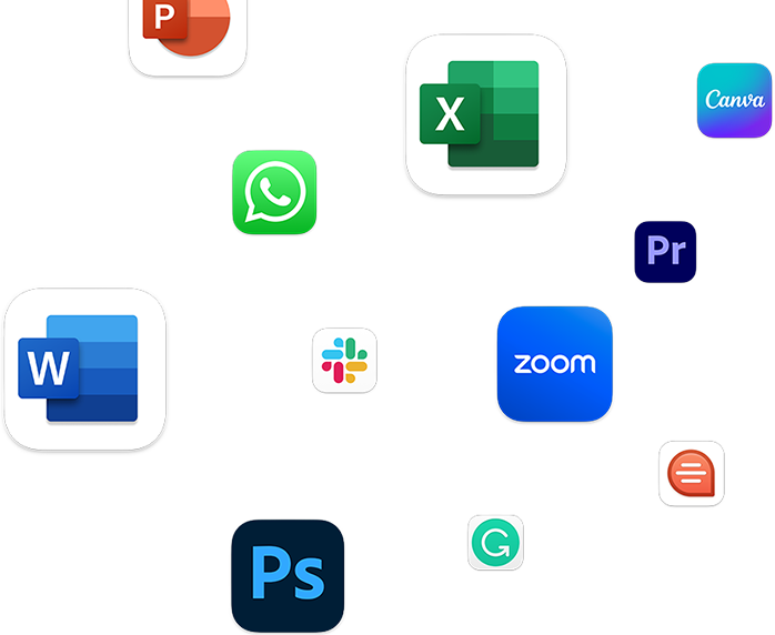 Showcasing compatibility with apps like Microsoft PowerPoint, WhatsApp Desktop, Microsoft Excel, Canva: Design, Photo & Video, Adobe Premiere Pro, Microsoft Word, Slack for Desktop, Zoom, Adobe Photoshop, Grammarly: Writing App, and Quip.