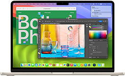 Open 13-inch MacBook Air in Starlight finish, screen showcasing Safari and Photoshop apps to demonstrate the capability of Apple silicon