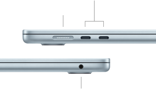 Side views of MacBook Air showing ports: MagSafe and two Thunderbolt 4 ports on left side, headphone jack on right side