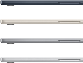 Four MacBook Air laptops, closed, showing the finish colours available: Midnight, Starlight, Space Grey and Silver