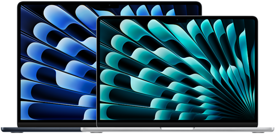 Front view of 13-inch and 15-inch models of MacBook Air demonstrating display sizes (measured diagonally)