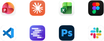 App icons for Microsoft PowerPoint, Claude by Anthropic, Microsoft Excel, Figma, Visual Studio Code, LM Studio, Adobe Photoshop, and Slack