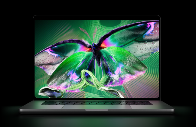 MacBook Pro with PROLED XDR Display, open lid, silver color, display shows detailed, high-contrast image with vivid colors, screen illuminates keyboard