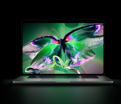 MacBook Pro with PROLED XDR Display, open lid, silver color, display shows detailed, high-contrast image with vivid colors, screen illuminates keyboard