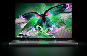 MacBook Pro with PROLED XDR Display, open lid, silver color, display shows detailed, high-contrast image with vivid colors, screen illuminates keyboard