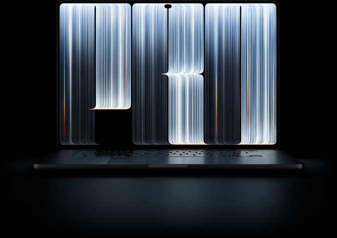 MacBook Pro with PROLED XDR Display, space black color, screen shows ribbonlike objects densely patterned with glowing stripes, spelling the word Pro
