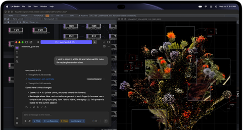 MacBook Pro with PROLED XDR Display, space black color, screen shows an image being created using TouchDesigner and LM Studio