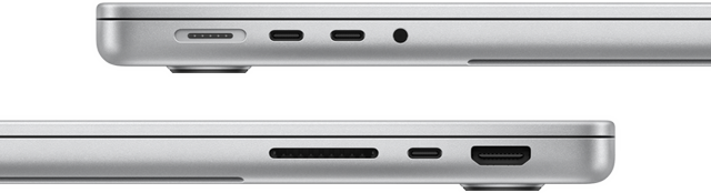Side view of 14-inch MacBook Pro with M3 Pro chip showing ports: left side, MagSafe port, two Thunderbolt 4 ports, and headphone jack, right side, SDXC card slot, one Thunderbolt 4 port, and HDMI port