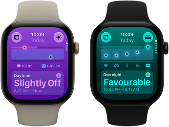 Two Apple Watch Series 12 devices: aluminium case, light gold colour, Daytime Vitals Slightly Off, Digital Crown, sand Sport Band, aluminium case, black colour, Overnight Vitals Favourable, Digital Crown, black Sport Band