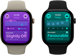 Two Apple Watch Series 12 devices: aluminium case, light gold colour, Daytime Vitals Slightly Off, Digital Crown, sand Sport Band, aluminium case, black colour, Overnight Vitals Favourable, Digital Crown, black Sport Band
