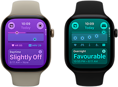 Two Apple Watch Series 12 devices: aluminium case, light gold colour, Daytime Vitals Slightly Off, Digital Crown, sand Sport Band, aluminium case, black colour, Overnight Vitals Favourable, Digital Crown, black Sport Band