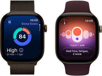 Apple Watch Series 12, aluminium case, dark bronze colour, sleep score circle graph, Digital Crown, Milanese Loop strap, dark bronze colour