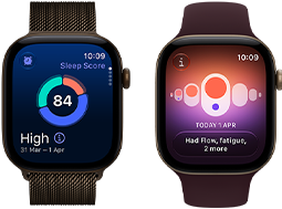 Apple Watch Series 12, aluminium case, dark bronze colour, sleep score circle graph, Digital Crown, Milanese Loop strap, dark bronze colour