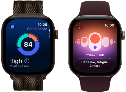 Apple Watch Series 12, aluminium case, dark bronze colour, sleep score circle graph, Digital Crown, Milanese Loop strap, dark bronze colour