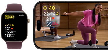 Apple Watch next to iPhone with Apple Fitness+ class on screen
