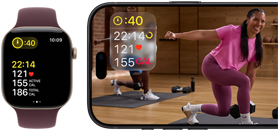 Apple Watch next to iPhone with Apple Fitness+ class on screen