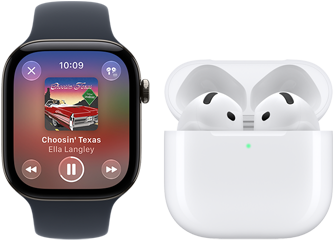 Apple Watch Series 12, aluminium case, black colour, black Sport Band, Apple Music app open, paired with AirPods 4