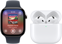 Apple Watch Series 12, aluminium case, black colour, black Sport Band, Apple Music app open, paired with AirPods 4