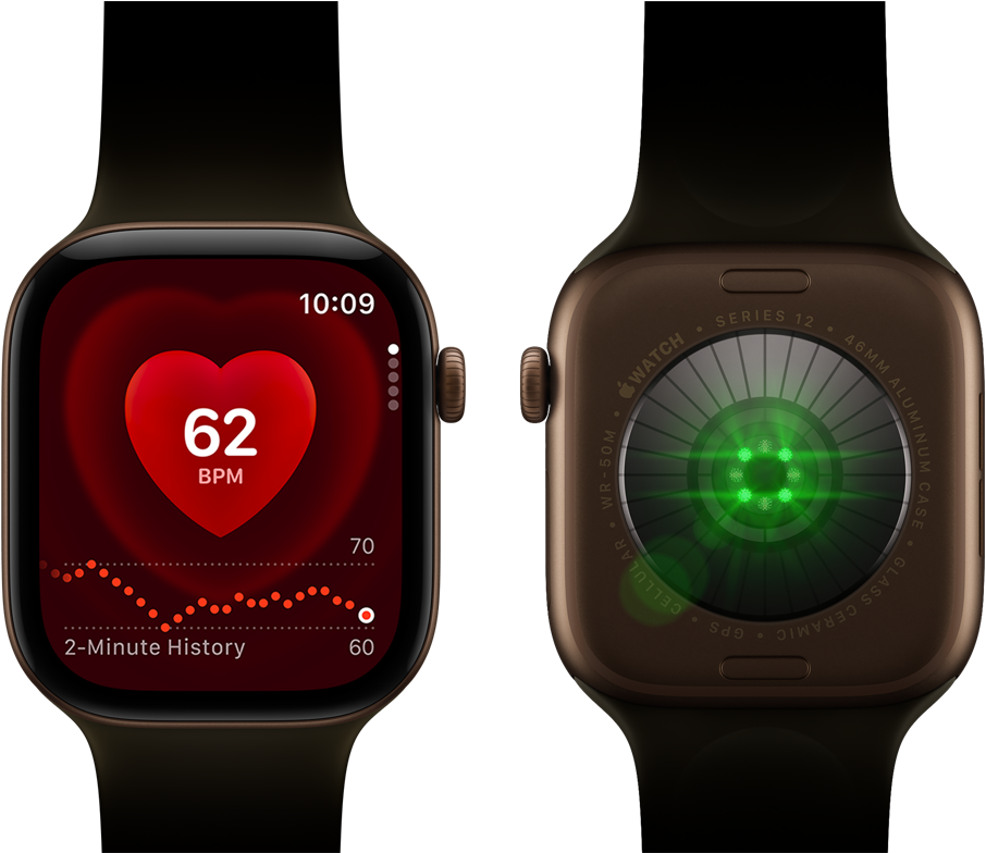 Two Apple Watch Series 12 devices, aluminium case, dark bronze colour with olive Sport Band, one showing the Heart Rate app, the other with the Health Sensing System on the back of the watch, with glowing green LED lights
