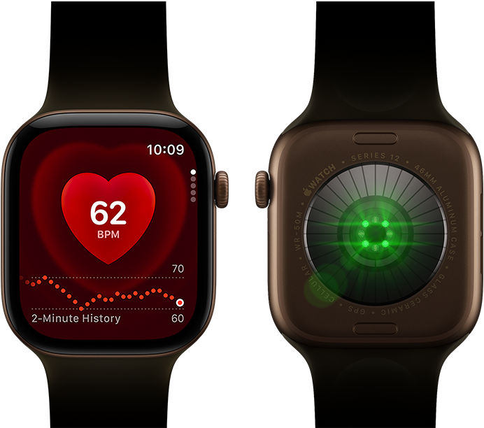 Two Apple Watch Series 12 devices, aluminium case, dark bronze colour with olive Sport Band, one showing the Heart Rate app, the other with the Health Sensing System on the back of the watch, with glowing green LED lights
