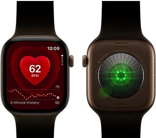 Two Apple Watch Series 12 devices, aluminium case, dark bronze colour with olive Sport Band, one showing the Heart Rate app, the other with the Health Sensing System on the back of the watch, with glowing green LED lights