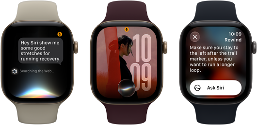 Three Apple Watch Series 12 devices, one with light gold aluminium case, Siri AI conversation, sand Sport Band, one with light gold aluminium case, personalised photo on watch face with Siri AI complication, burgundy Sport Band and one with space grey aluminium case, Siri Recap, black Sport Band