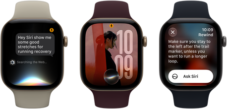 Three Apple Watch Series 12 devices, one with light gold aluminium case, Siri AI conversation, sand Sport Band, one with light gold aluminium case, personalised photo on watch face with Siri AI complication, burgundy Sport Band and one with space grey aluminium case, Siri Recap, black Sport Band