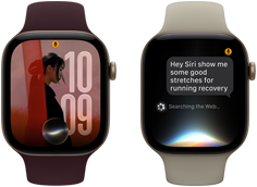 Three Apple Watch Series 12 devices, one with light gold aluminium case, Siri AI conversation, sand Sport Band, one with light gold aluminium case, personalised photo on watch face with Siri AI complication, burgundy Sport Band and one with space grey aluminium case, Siri Recap, black Sport Band