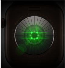 Back of Apple Watch Series 12, aluminium case, dark bronze colour, multiple round sensors with glowing green LED lights, left side exterior, Digital Crown, Sport Band, olive colour