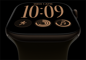 Apple Watch Series 12, aluminium case, dark bronze colour, Modular watch face, complications: day and date, Workouts, Activity rings, Apple Music, right side exterior, Digital Crown, Sport Band, olive colour
