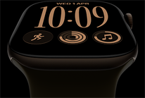 Apple Watch Series 12, aluminium case, dark bronze colour, Modular watch face, complications: day and date, Workouts, Activity rings, Apple Music, right side exterior, Digital Crown, Sport Band, olive colour