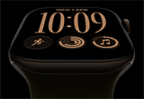 Apple Watch Series 12, aluminium case, dark bronze colour, Modular watch face, complications: day and date, Workouts, Activity rings, Apple Music, right side exterior, Digital Crown, Sport Band, olive colour